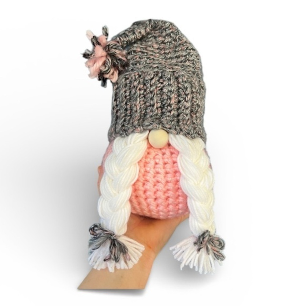 Handmade crocheted Gnome with Pink and Gray Hat